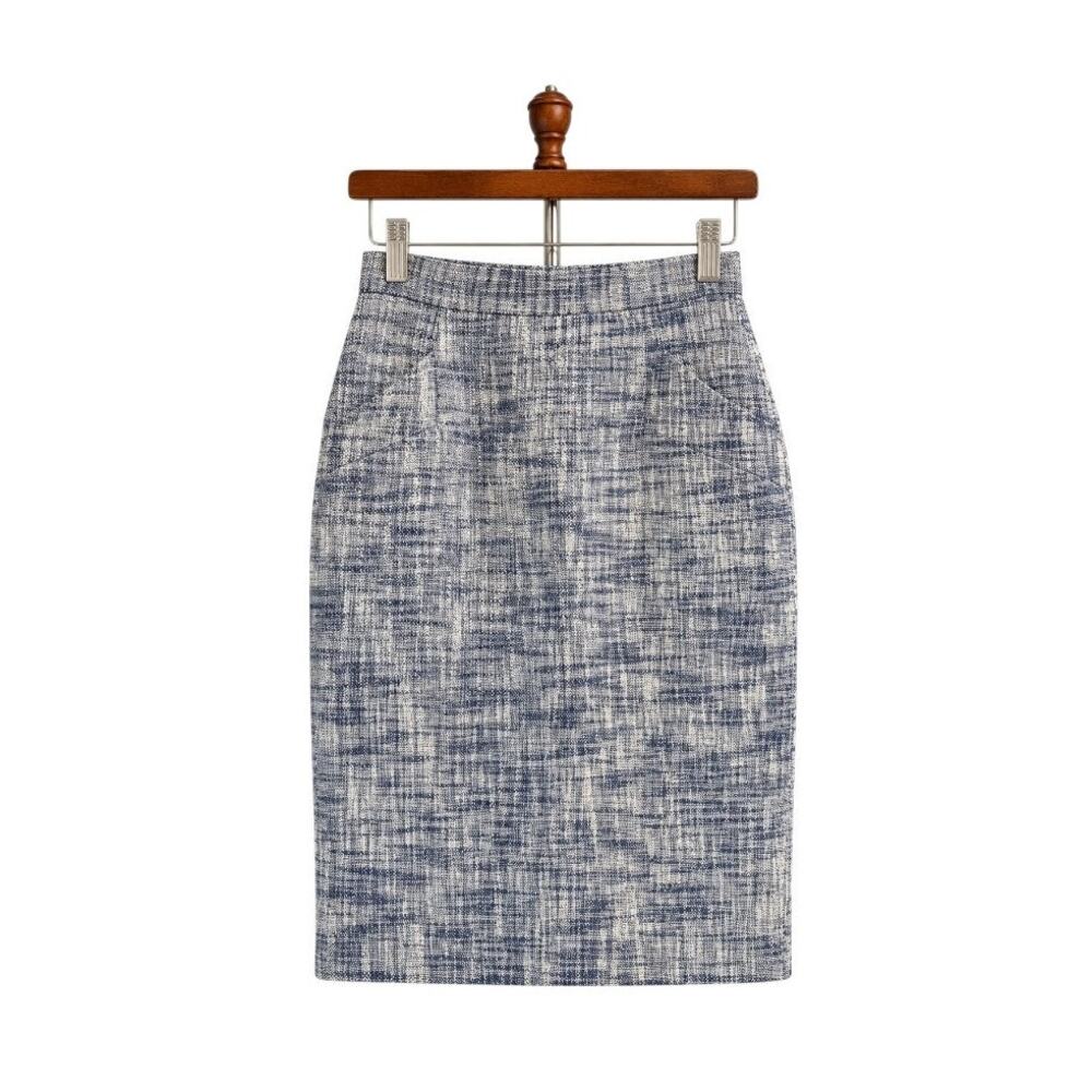 Tibi New York Blue Gray Tweed Cotton Linen Pencil Skirt Size 2